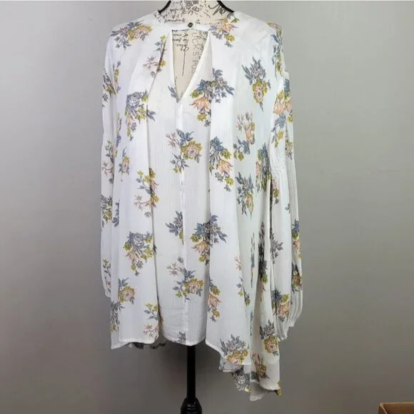 FREE People Tunic Mini Dress White Floral Long Sleeves Pockets Boho XS NWOT - Picture 8 of 15